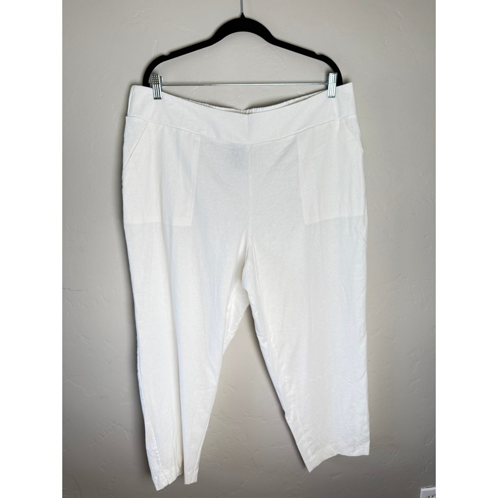 NWT Investments Plus Size White Stretch Linen Blend Pull On Crop Pants 2X